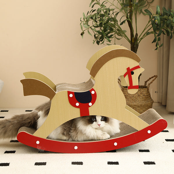 Rocking Horse Cat Tree - Vintage 3-in-1 Scratcher, Lounger, and Play Toy with Nostalgic Wooden Design, Cute and Multi-Functional Cat Furniture