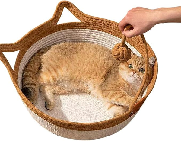 Handwoven Cotton Rope Cat Bed Cat Hammock Foldable Sleeping Nest Basket Handmade Natural Cradle Scratcher Cuddler for Kitten Cute Style with a Playing Rope Ball (Grey-Large)