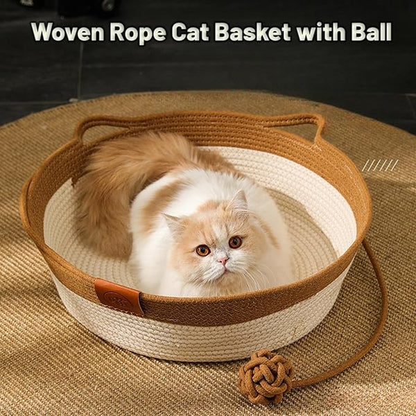 Handwoven Cotton Rope Cat Bed Cat Hammock Foldable Sleeping Nest Basket Handmade Natural Cradle Scratcher Cuddler for Kitten Cute Style with a Playing Rope Ball (Grey-Large)