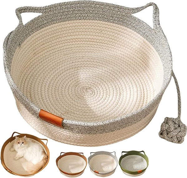Handwoven Cotton Rope Cat Bed Cat Hammock Foldable Sleeping Nest Basket Handmade Natural Cradle Scratcher Cuddler for Kitten Cute Style with a Playing Rope Ball (Grey-Large)