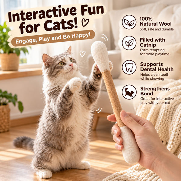 Natural Wool Catnip Q-Tip Toy – Handmade Cat Kicker & Chew Toy