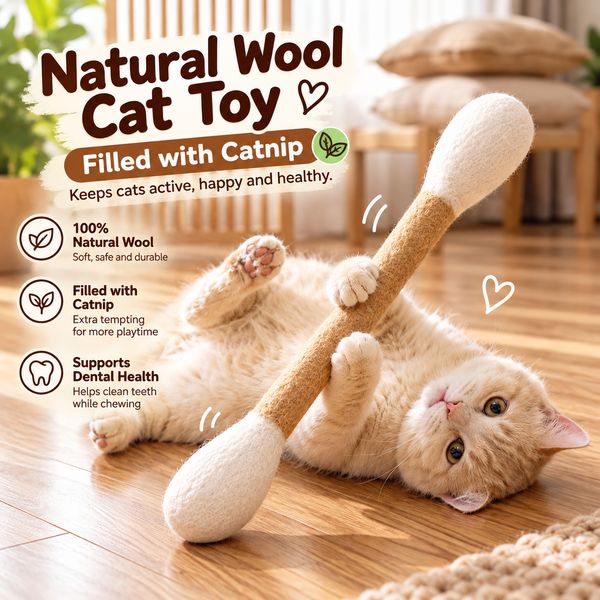 Natural Wool Catnip Q-Tip Toy – Handmade Cat Kicker & Chew Toy